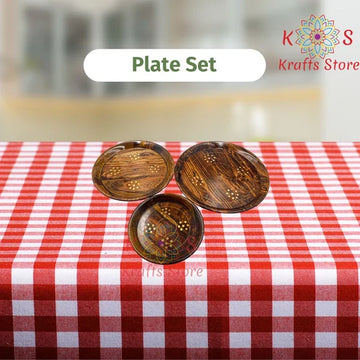 3 pieces wooden plate set sheesham wood with brass inlay