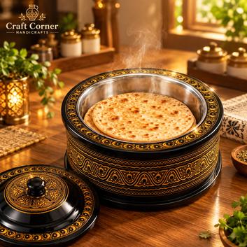 Wooden Hotpot | Traditional Black &amp; Golden Naqshi Art | 12x7
