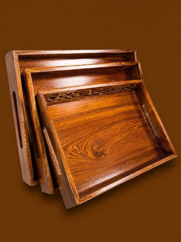Wooden Floral Carved Tray Set