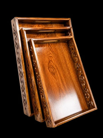 Wooden Floral craved Tray Set