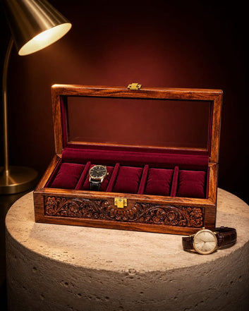 Heritage Hand-Carved Wooden Watch Display Box – 5 Slot Luxury Organizer